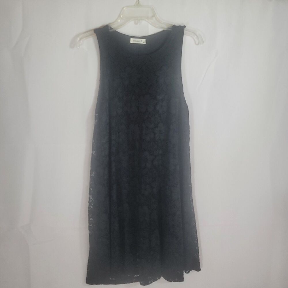 GINGER G Black Floral Lace Dress Womens Medium Sleeveless Boho Lined Short